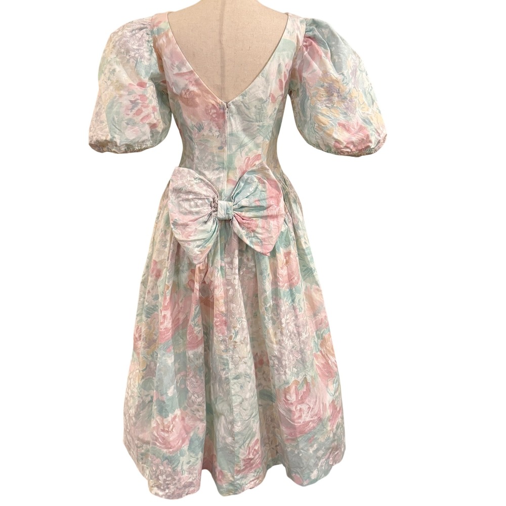 s.g. gilbert Floral Puff Sleeve Midi Dress Womens 10 Pastel Pink Blue Bow 80s